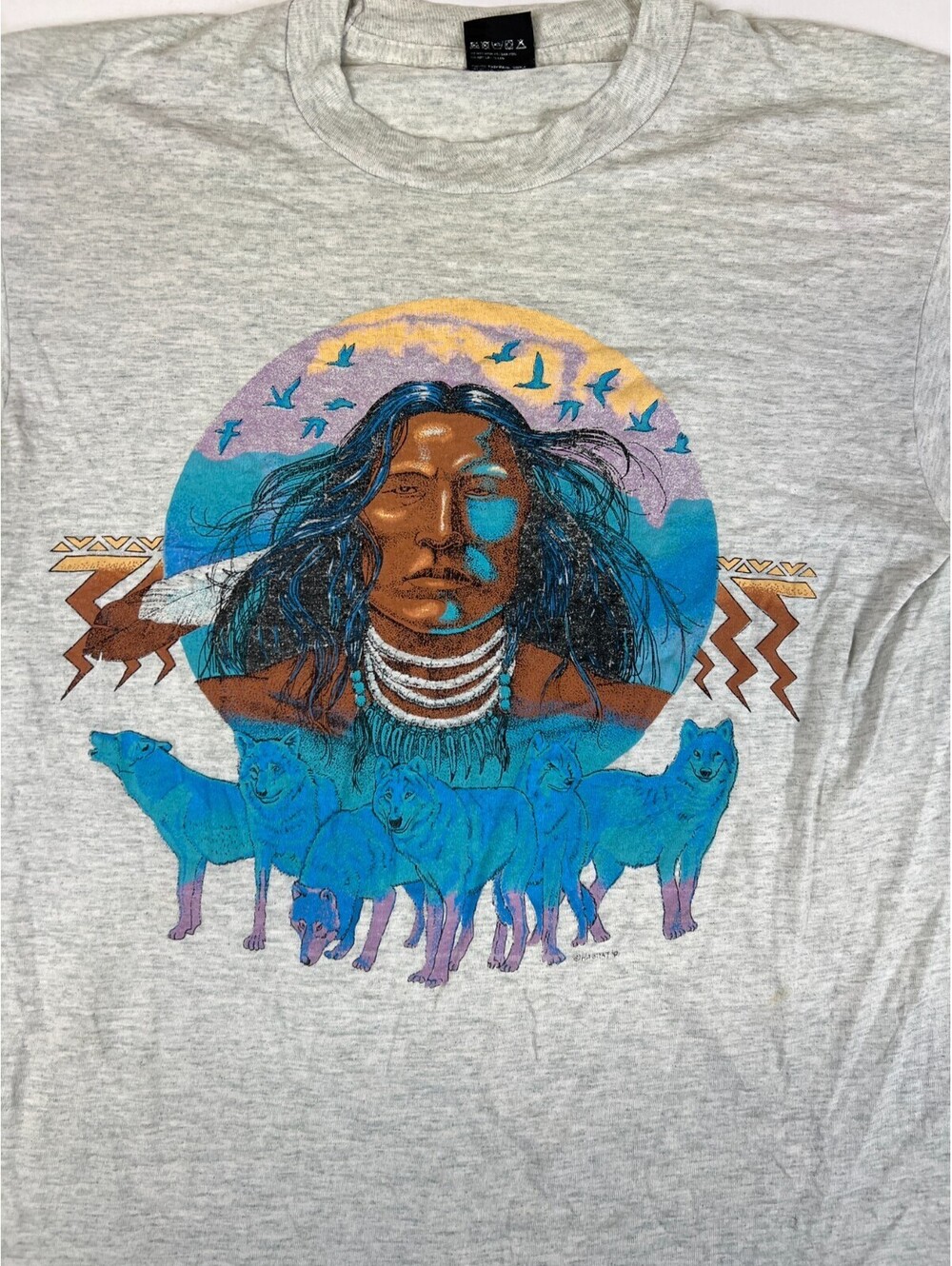 Vintage Screen Stars Best Men L Made In USA Native American Wolf T Shirt Gray - Picture 5 of 8